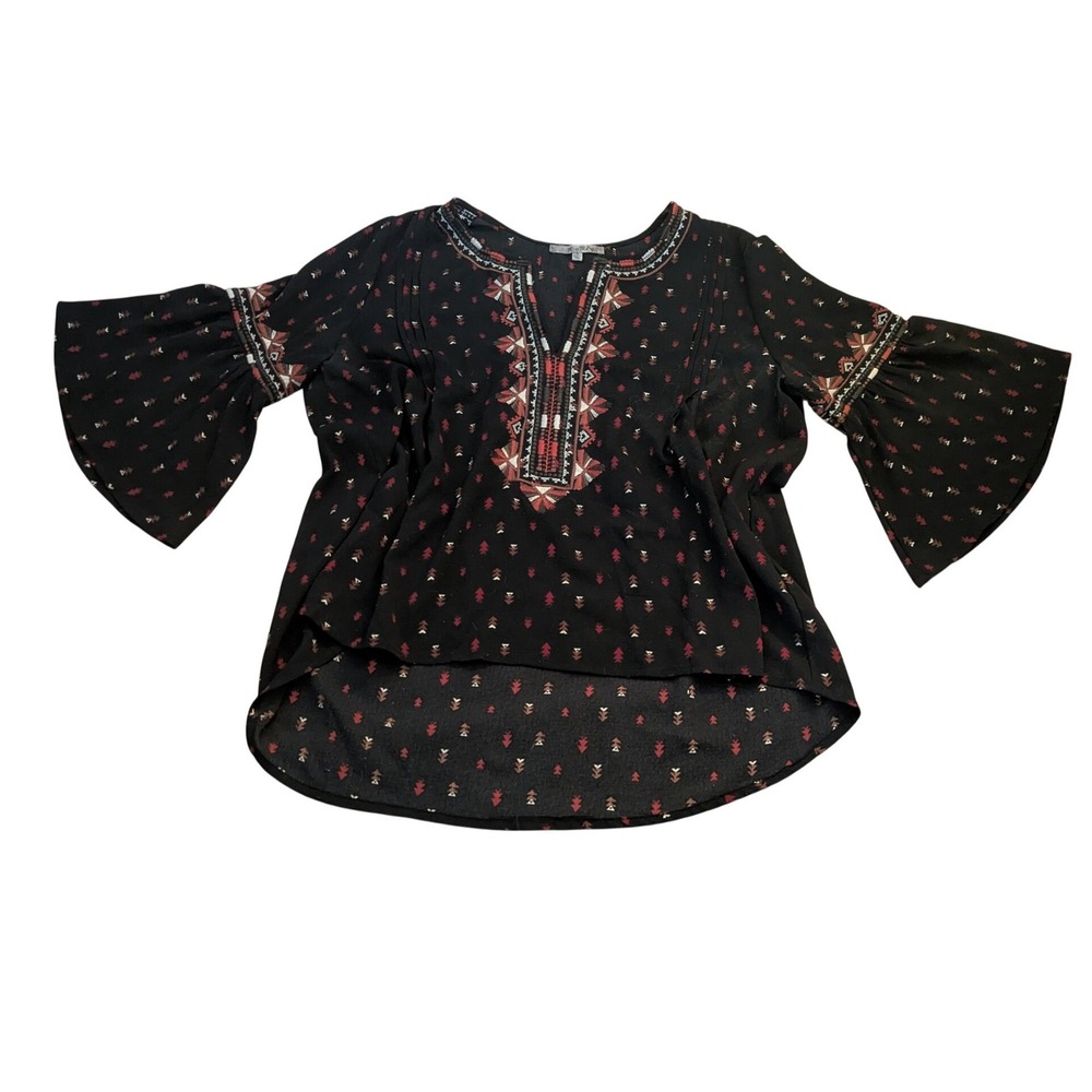Miss Me Women Black Embroidered Boho Bell Sleeve High Low Blouse Small‎